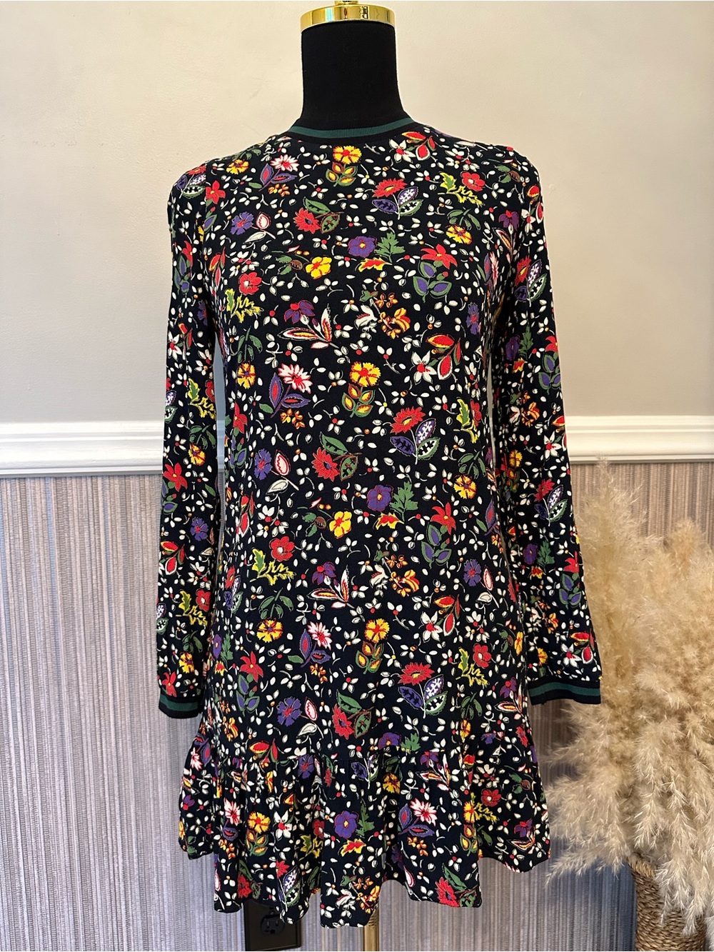 Zara Trafaluc Floral Long Sleeve Drop Waist Mini Dress Black Multicolor Size S